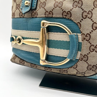 GUCCI Hand Bag Tote Purse GG Canvas Leather Blue Turquoise Authentic