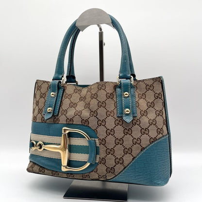 GUCCI Hand Bag Tote Purse GG Canvas Leather Blue Turquoise Authentic