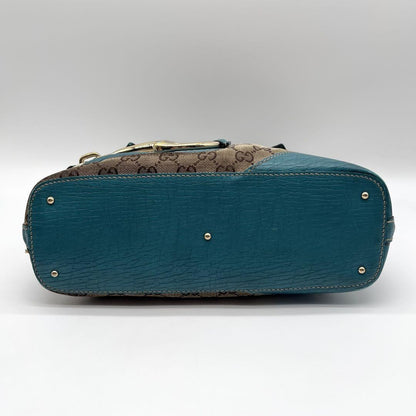 GUCCI Hand Bag Tote Purse GG Canvas Leather Blue Turquoise Authentic