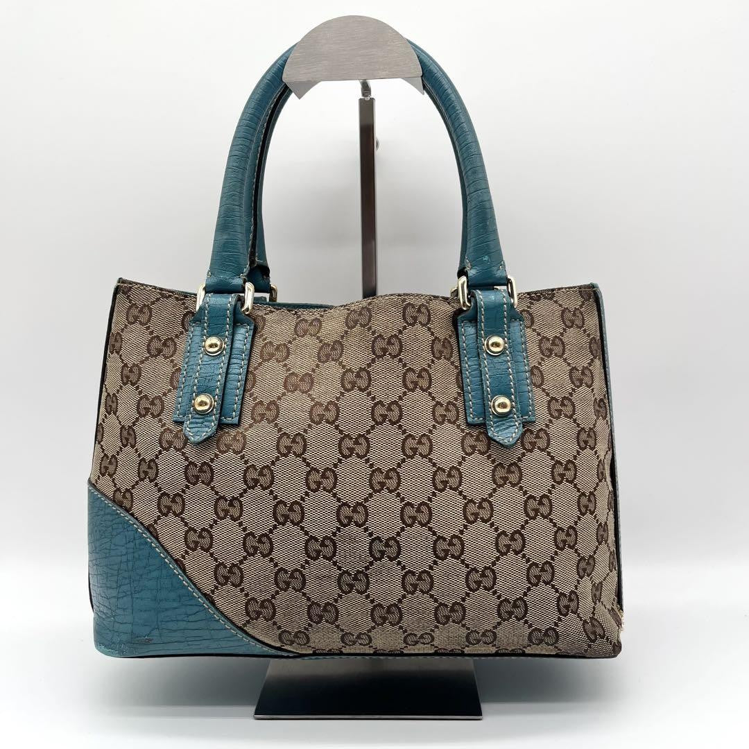 GUCCI Hand Bag Tote Purse GG Canvas Leather Blue Turquoise Authentic