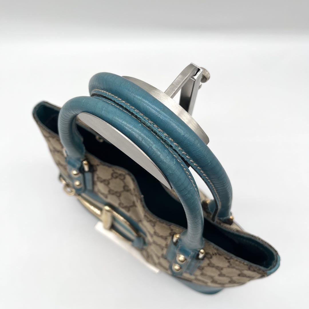 GUCCI Hand Bag Tote Purse GG Canvas Leather Blue Turquoise Authentic