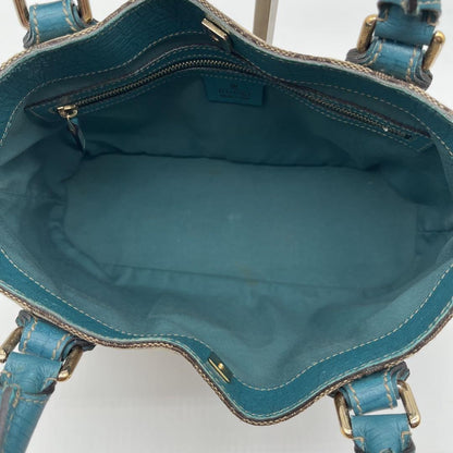 GUCCI Hand Bag Tote Purse GG Canvas Leather Blue Turquoise Authentic