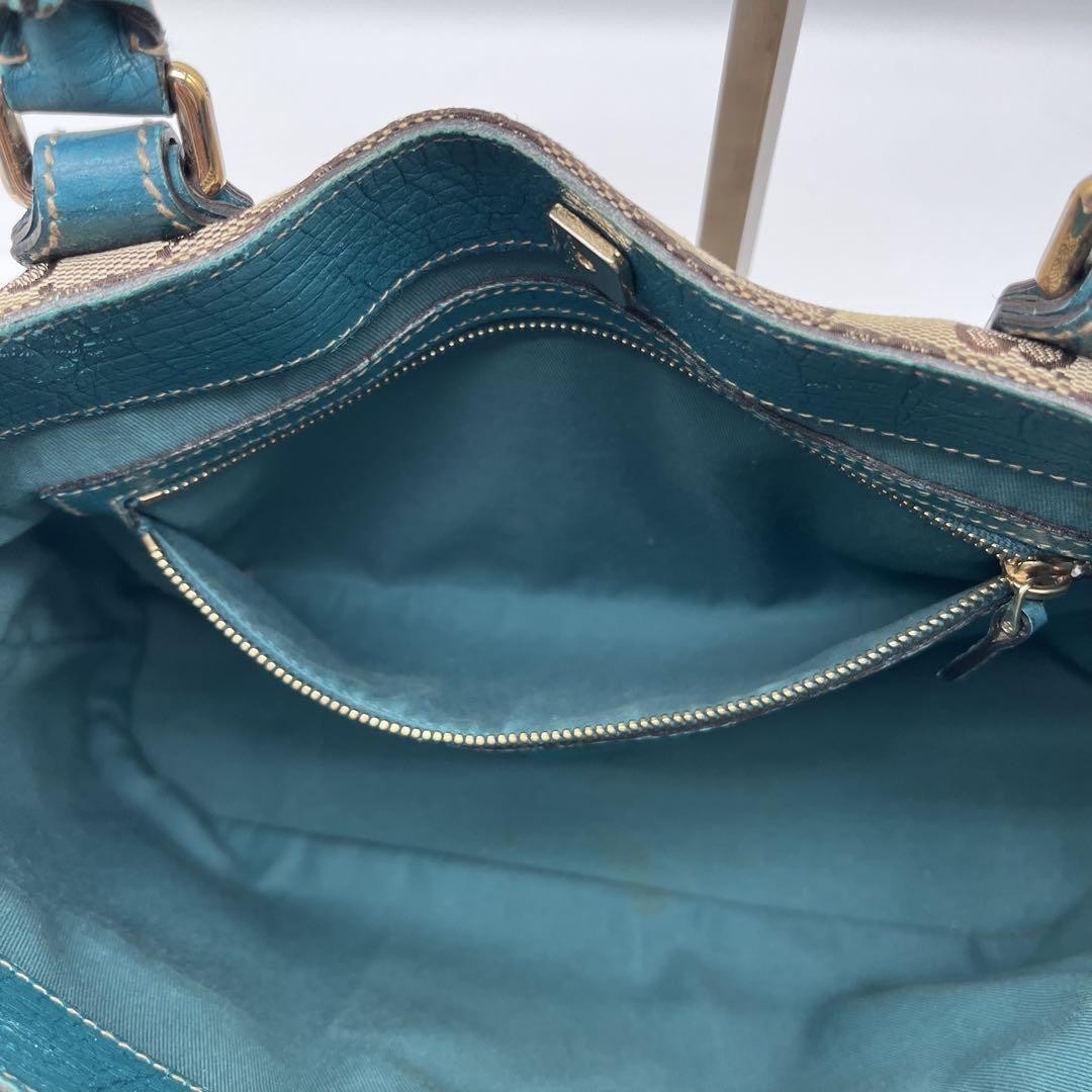 GUCCI Hand Bag Tote Purse GG Canvas Leather Blue Turquoise Authentic