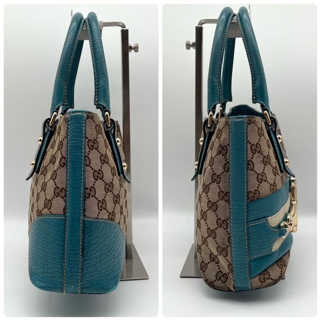 GUCCI Hand Bag Tote Purse GG Canvas Leather Blue Turquoise Authentic