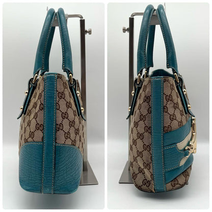 GUCCI Hand Bag Tote Purse GG Canvas Leather Blue Turquoise Authentic