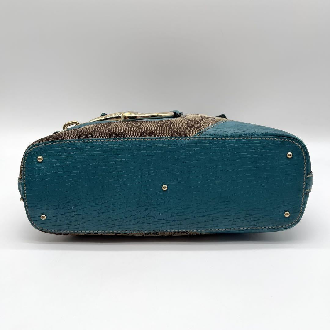 GUCCI Hand Bag Tote Purse GG Canvas Leather Blue Turquoise Authentic