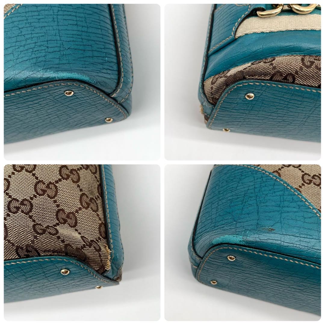 GUCCI Hand Bag Tote Purse GG Canvas Leather Blue Turquoise Authentic