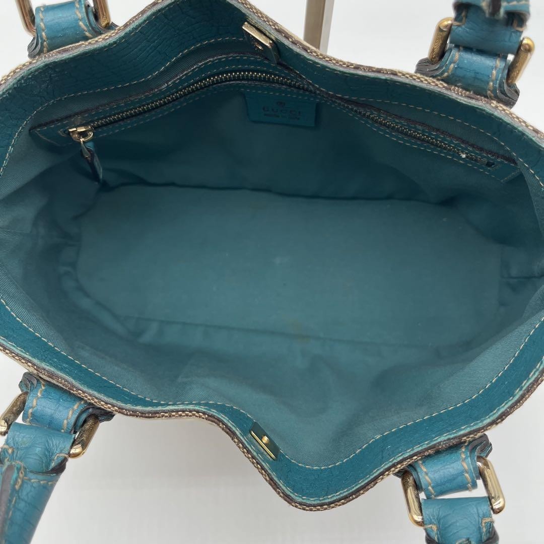 GUCCI Hand Bag Tote Purse GG Canvas Leather Blue Turquoise Authentic