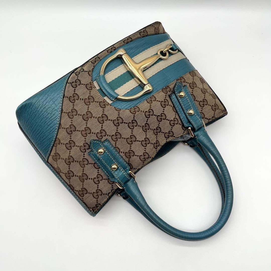 GUCCI Hand Bag Tote Purse GG Canvas Leather Blue Turquoise Authentic