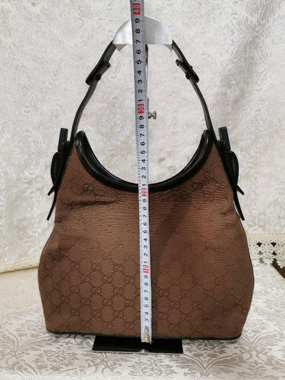 GUCCI Shoulder Bag Purse GG Canvas Leather Dark Brown Authentic