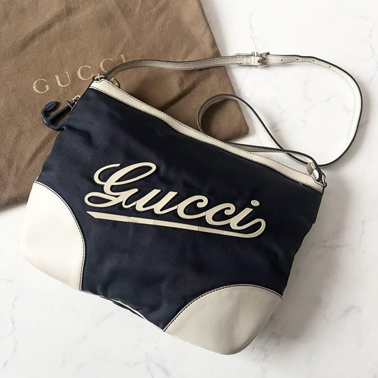 GUCCI Shoulder Bag Purse Logo Nylon Leather Navy White Authentic