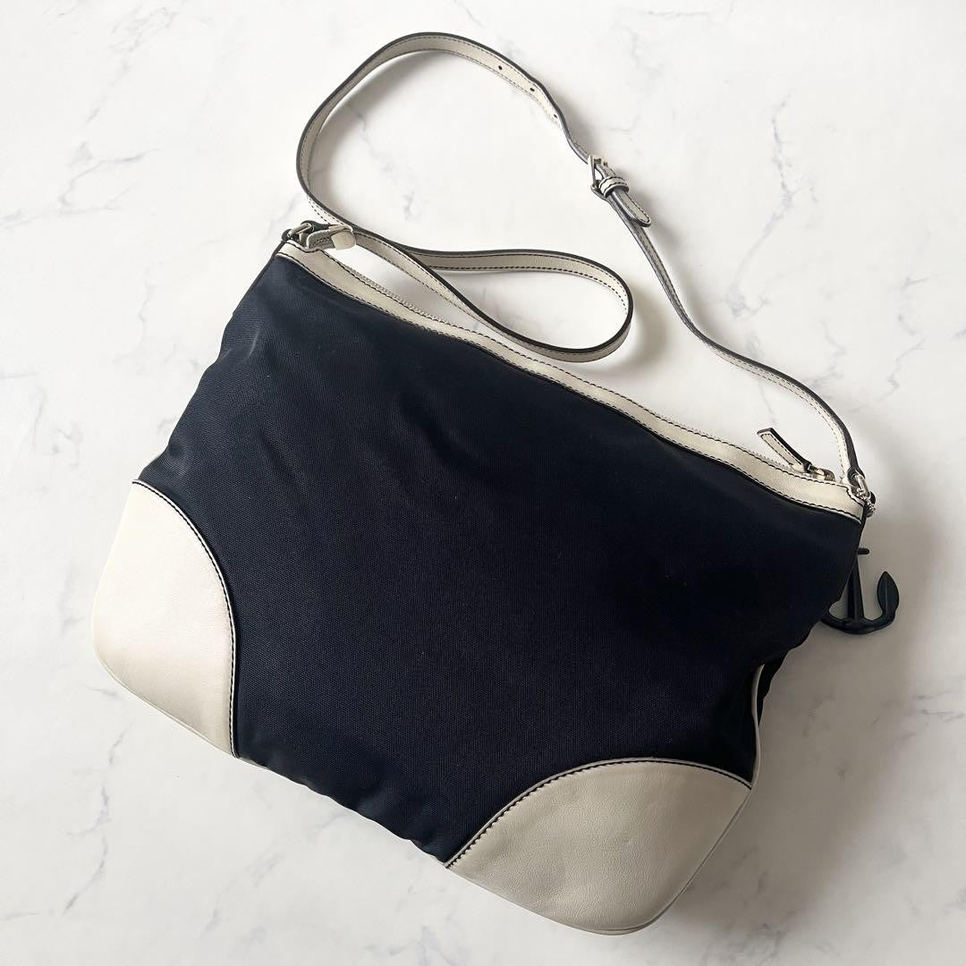 GUCCI Shoulder Bag Purse Logo Nylon Leather Navy White Authentic