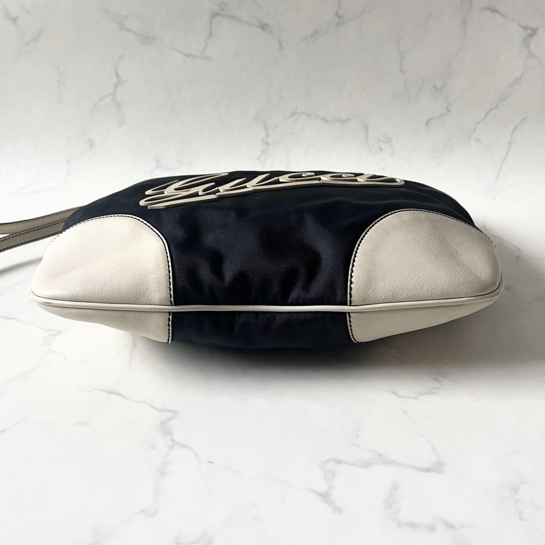 GUCCI Shoulder Bag Purse Logo Nylon Leather Navy White Authentic