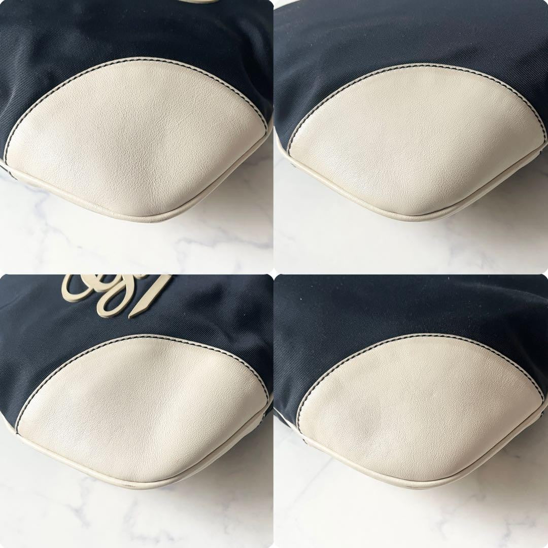 GUCCI Shoulder Bag Purse Logo Nylon Leather Navy White Authentic