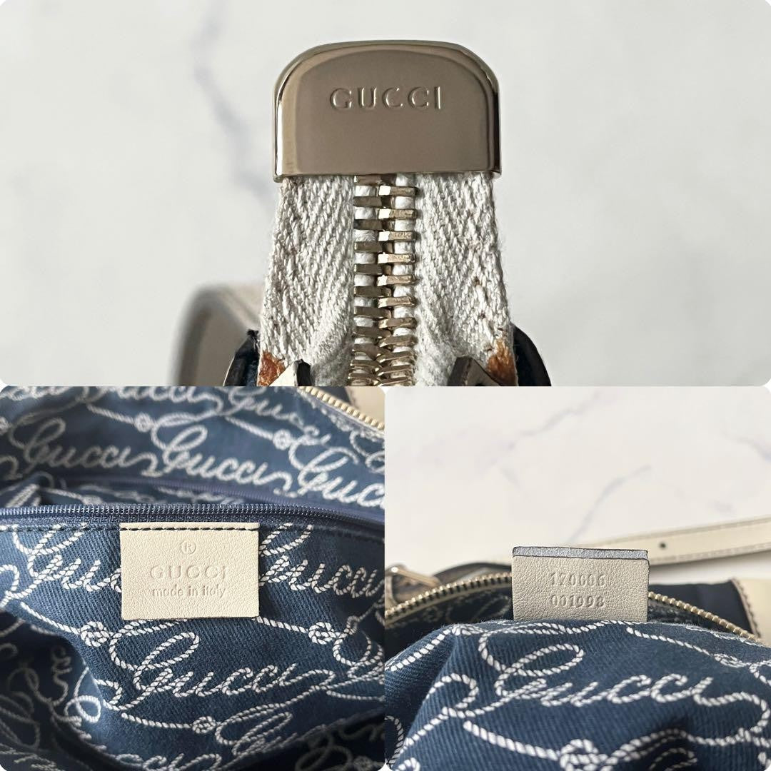 GUCCI Shoulder Bag Purse Logo Nylon Leather Navy White Authentic