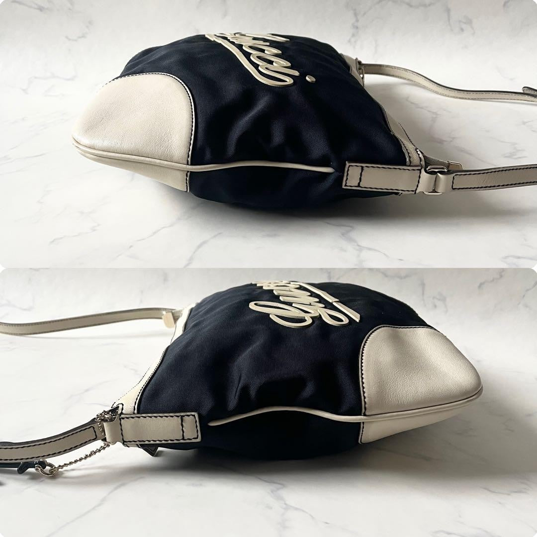 GUCCI Shoulder Bag Purse Logo Nylon Leather Navy White Authentic