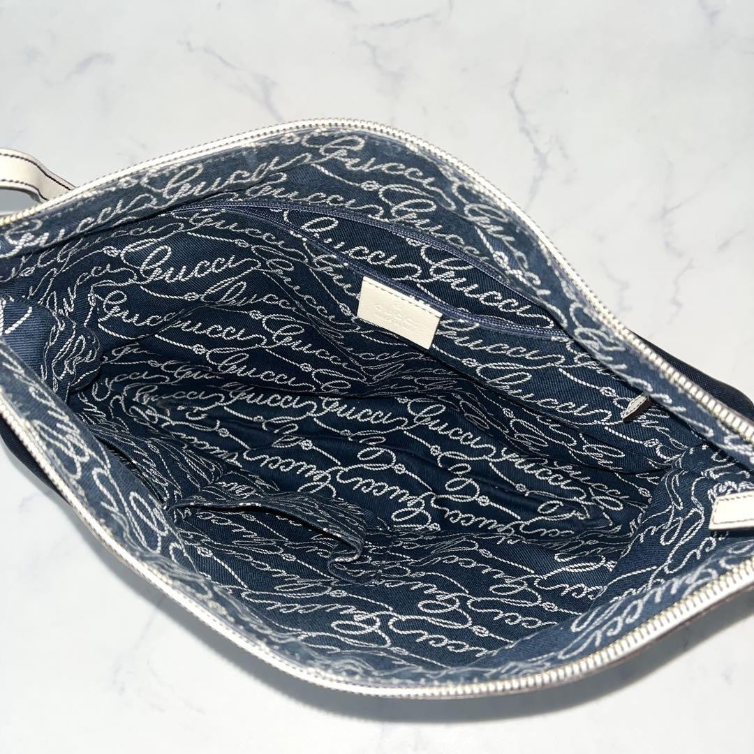 GUCCI Shoulder Bag Purse Logo Nylon Leather Navy White Authentic