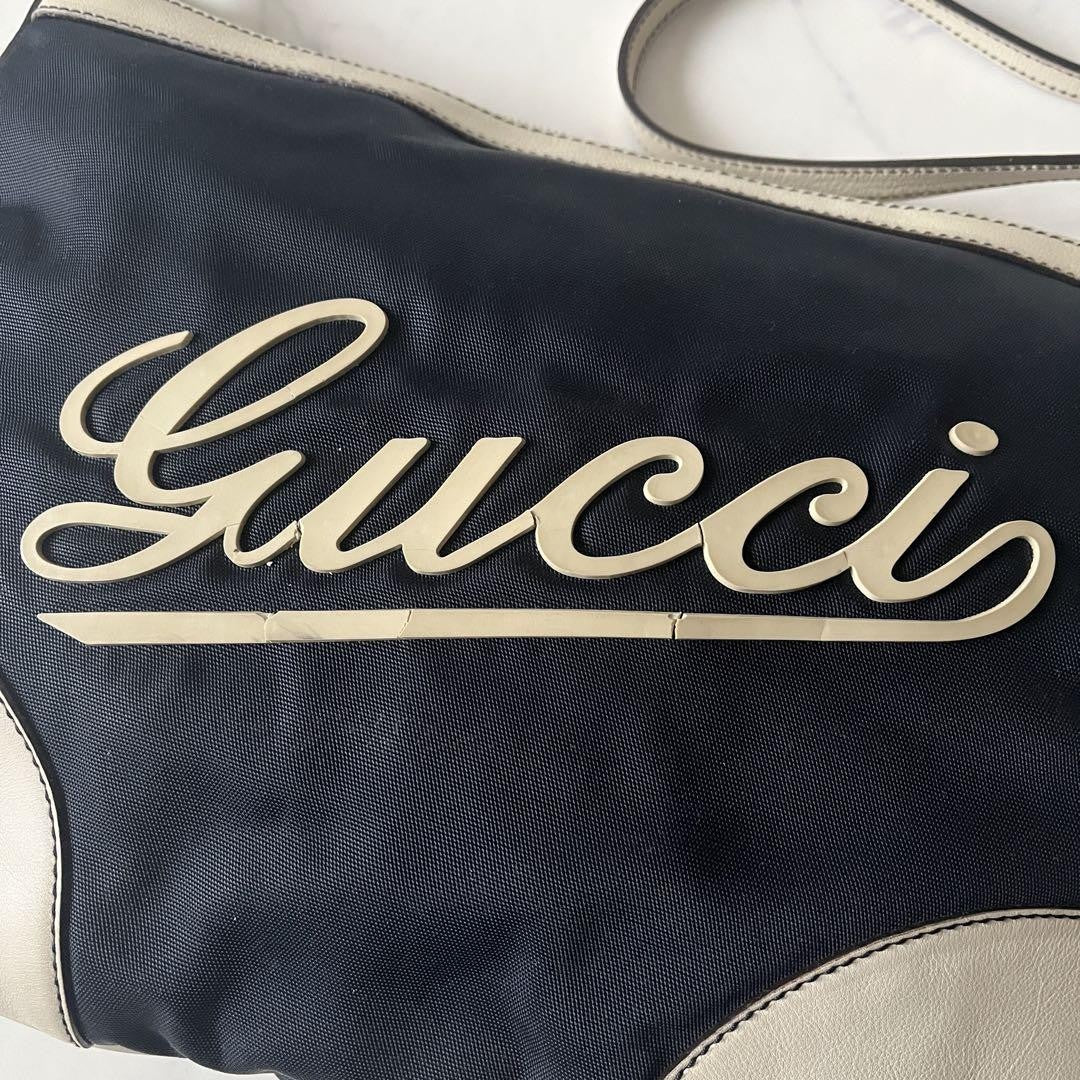 GUCCI Shoulder Bag Purse Logo Nylon Leather Navy White Authentic