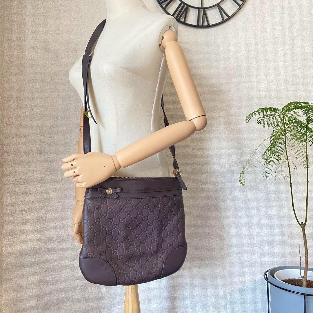 GUCCI Shoulder Bag Purse GG Shima Ribbon Brown Authentic