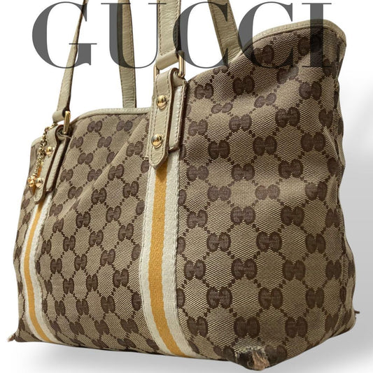 GUCCI Hand Bag Tote Purse GG Canvas Leather Off White Beige Authentic