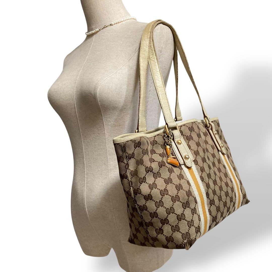 GUCCI Hand Bag Tote Purse GG Canvas Leather Off White Beige Authentic