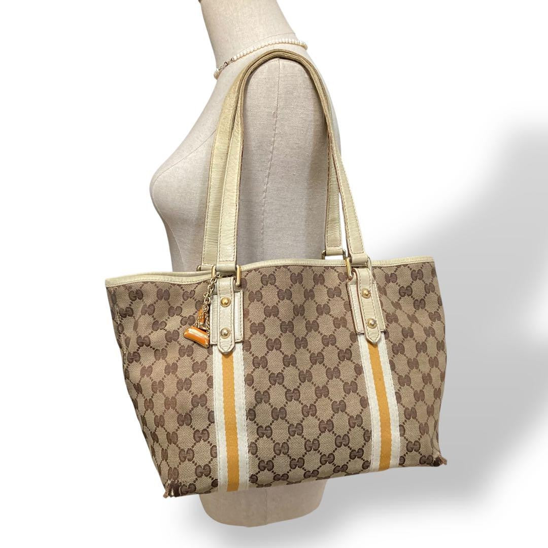 GUCCI Hand Bag Tote Purse GG Canvas Leather Off White Beige Authentic