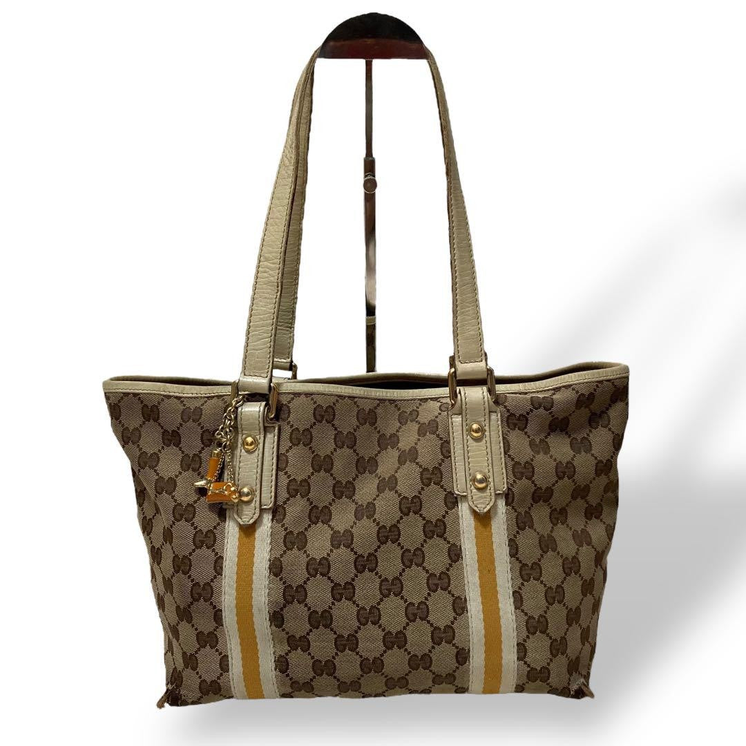 GUCCI Hand Bag Tote Purse GG Canvas Leather Off White Beige Authentic