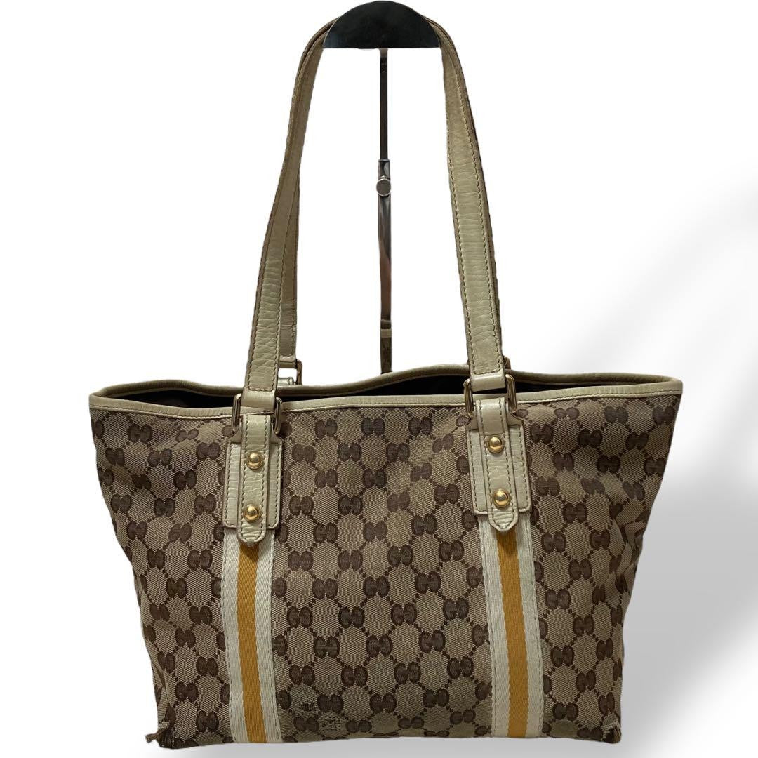 GUCCI Hand Bag Tote Purse GG Canvas Leather Off White Beige Authentic