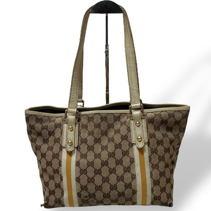 GUCCI Hand Bag Tote Purse GG Canvas Leather Off White Beige Authentic