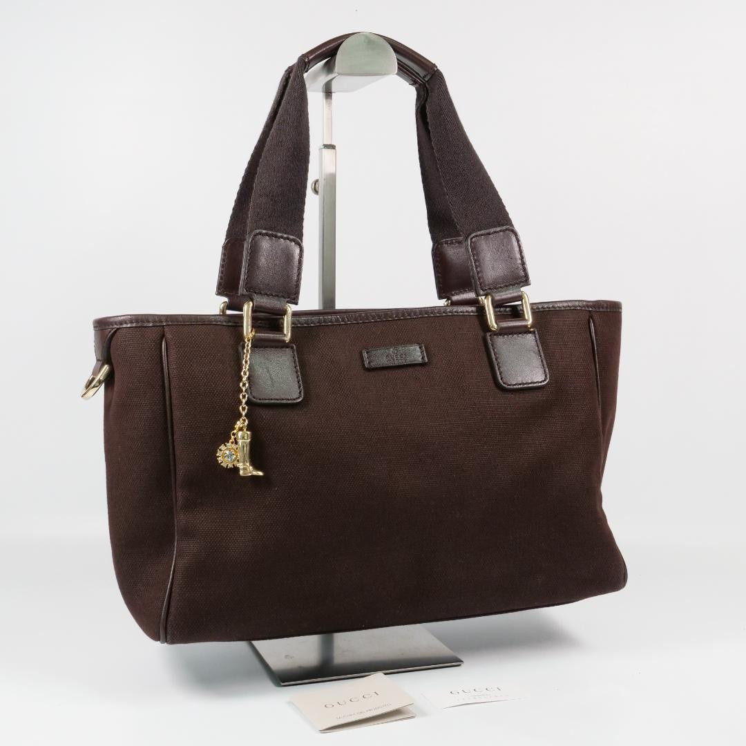 GUCCI Hand Bag Tote Purse Canvas Leather Brown Authentic