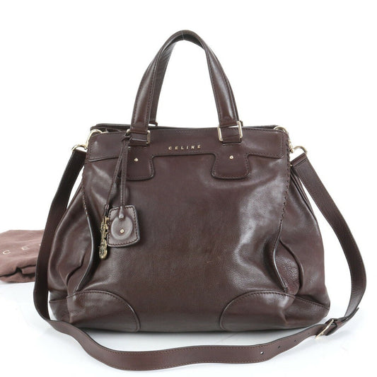 CELINE Hand Shoulder Bag Tote Purse 2way Leather Brown Authentic