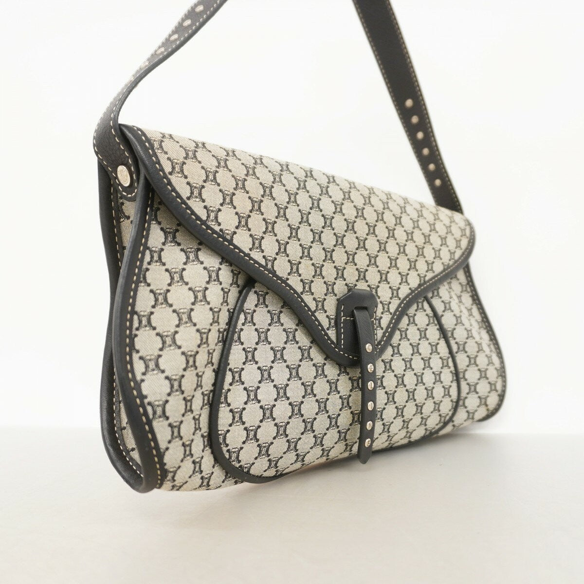 CELINE Shoulder Bag Purse Macadam Nylon Canvas Gray Black Authentic