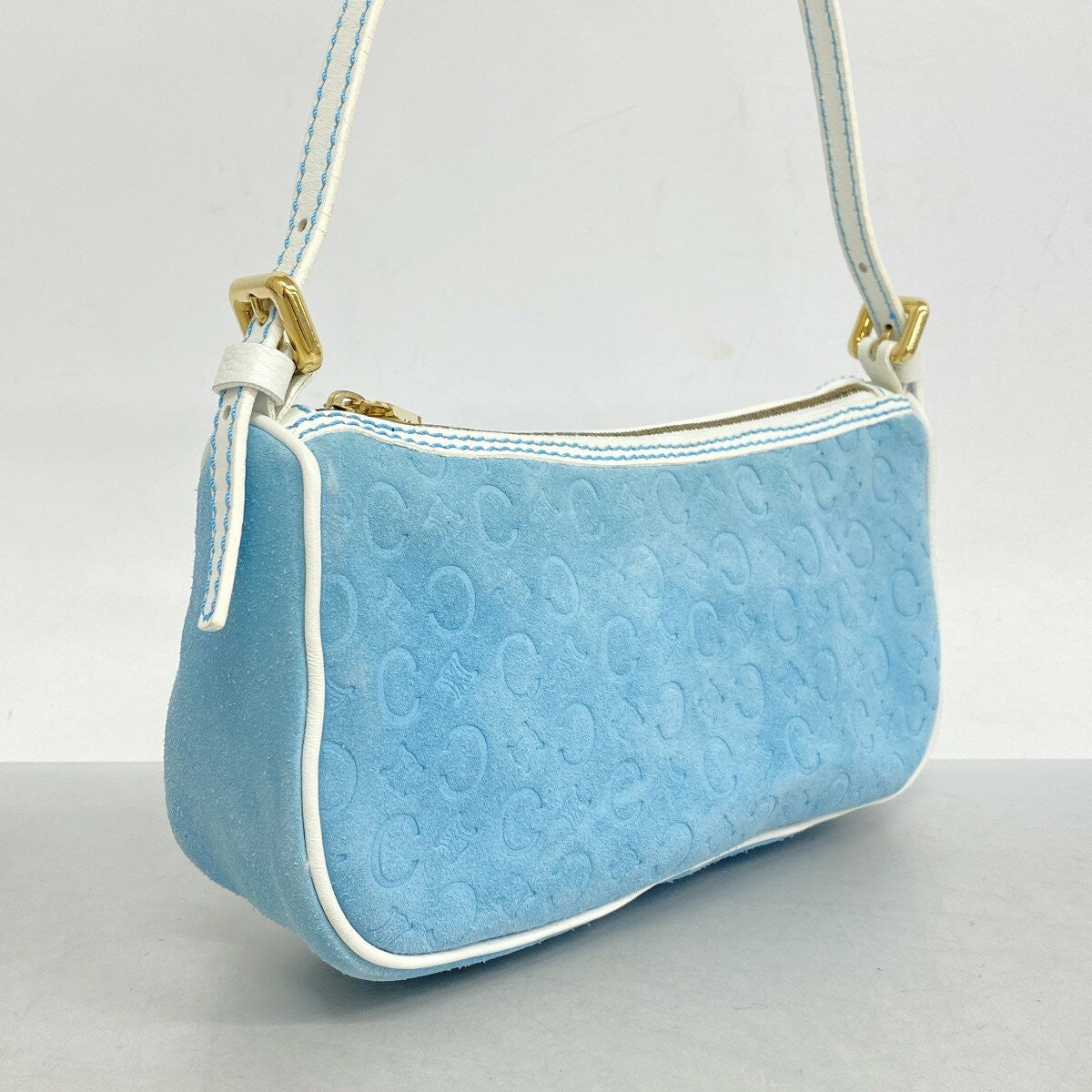 CELINE Accessory Pouch Hand Pouch C Macadam Suede Sky Blue White Authentic