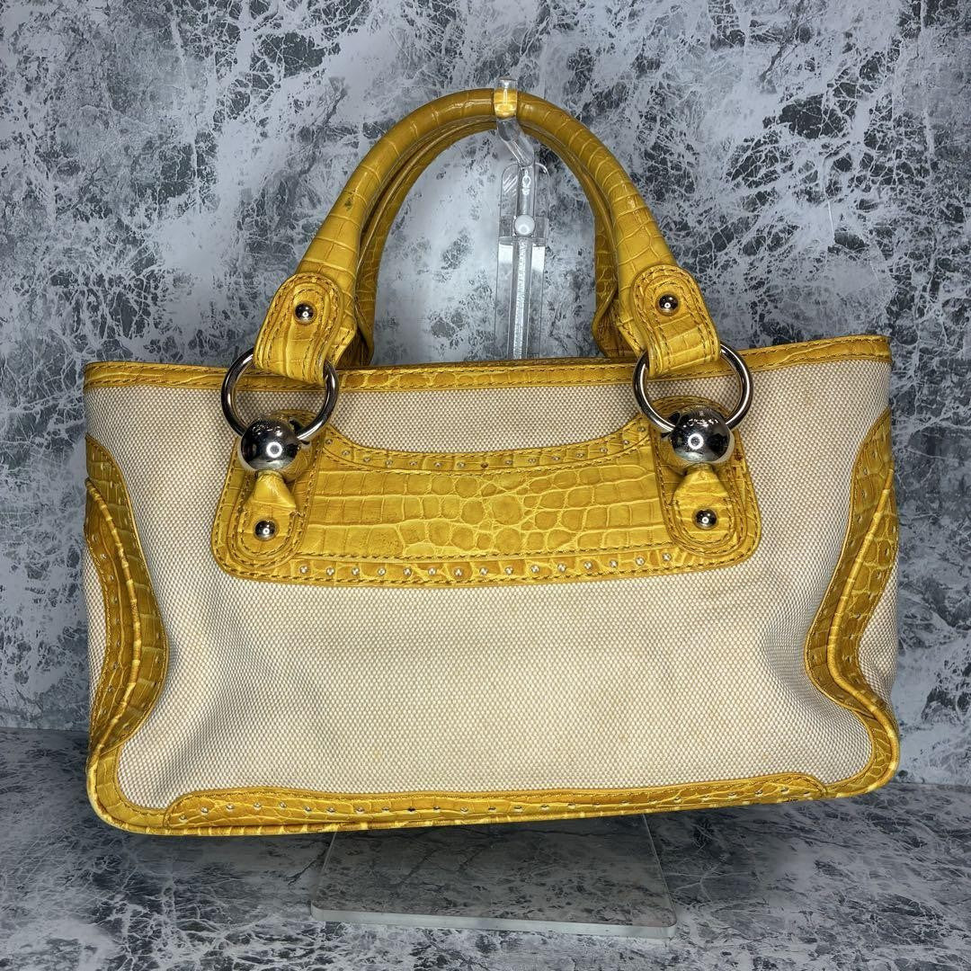CELINE Hand Bag Tote Purse Boogie Canvas Yellow Authentic