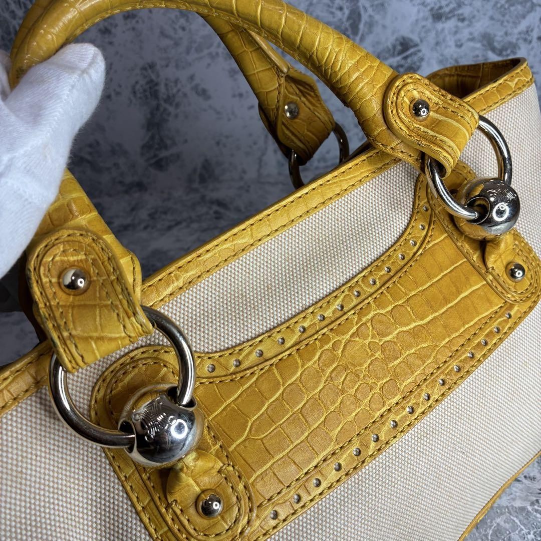 CELINE Hand Bag Tote Purse Boogie Canvas Yellow Authentic