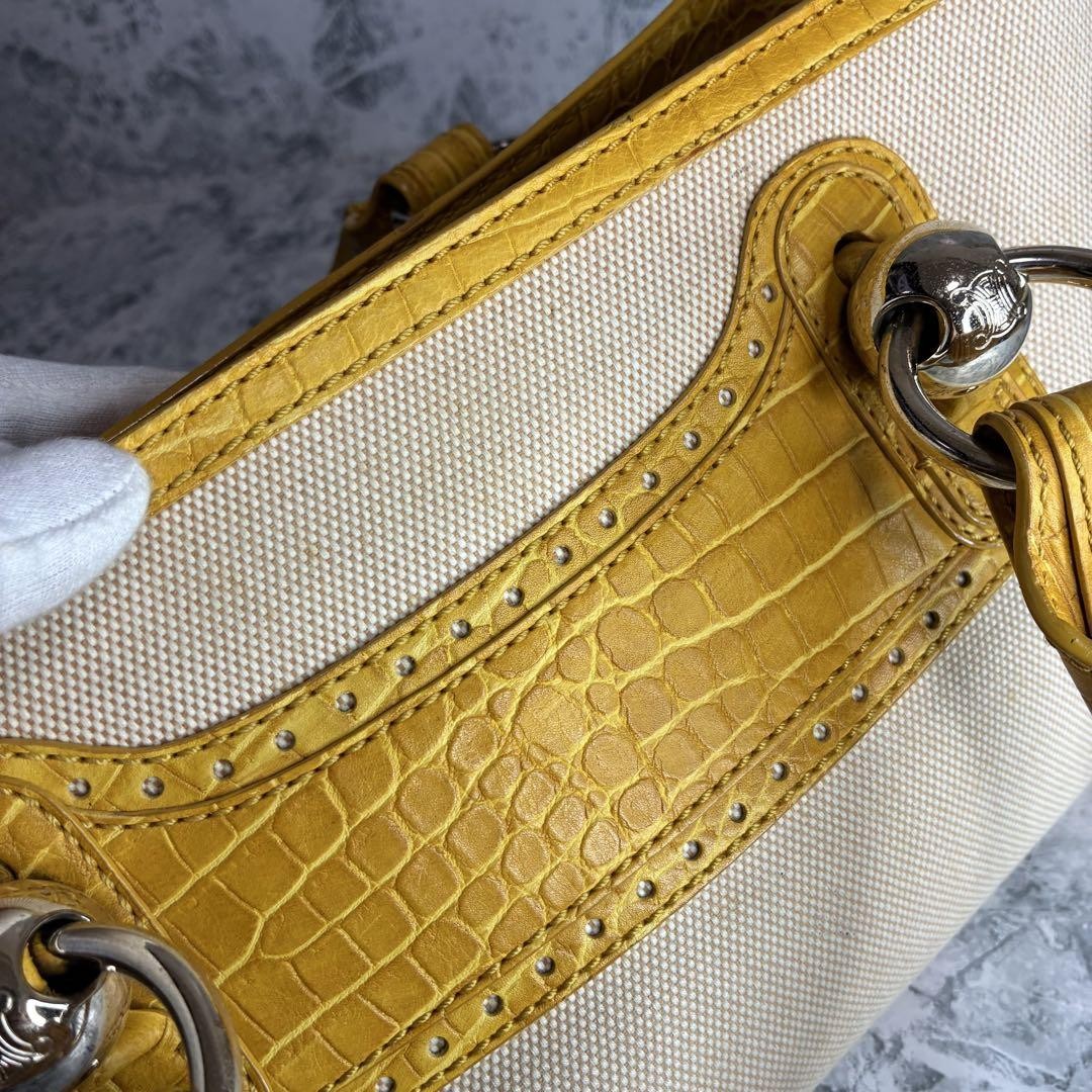 CELINE Hand Bag Tote Purse Boogie Canvas Yellow Authentic