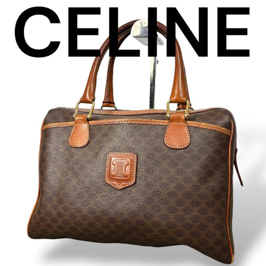 CELINE Boston Hand Bag Tote Purse Macadam Leather Brown Authentic