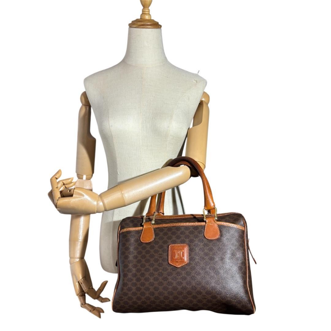 CELINE Boston Hand Bag Tote Purse Macadam Leather Brown Authentic