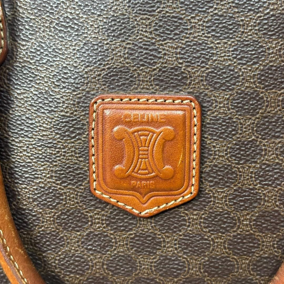 CELINE Boston Hand Bag Tote Purse Macadam Leather Brown Authentic