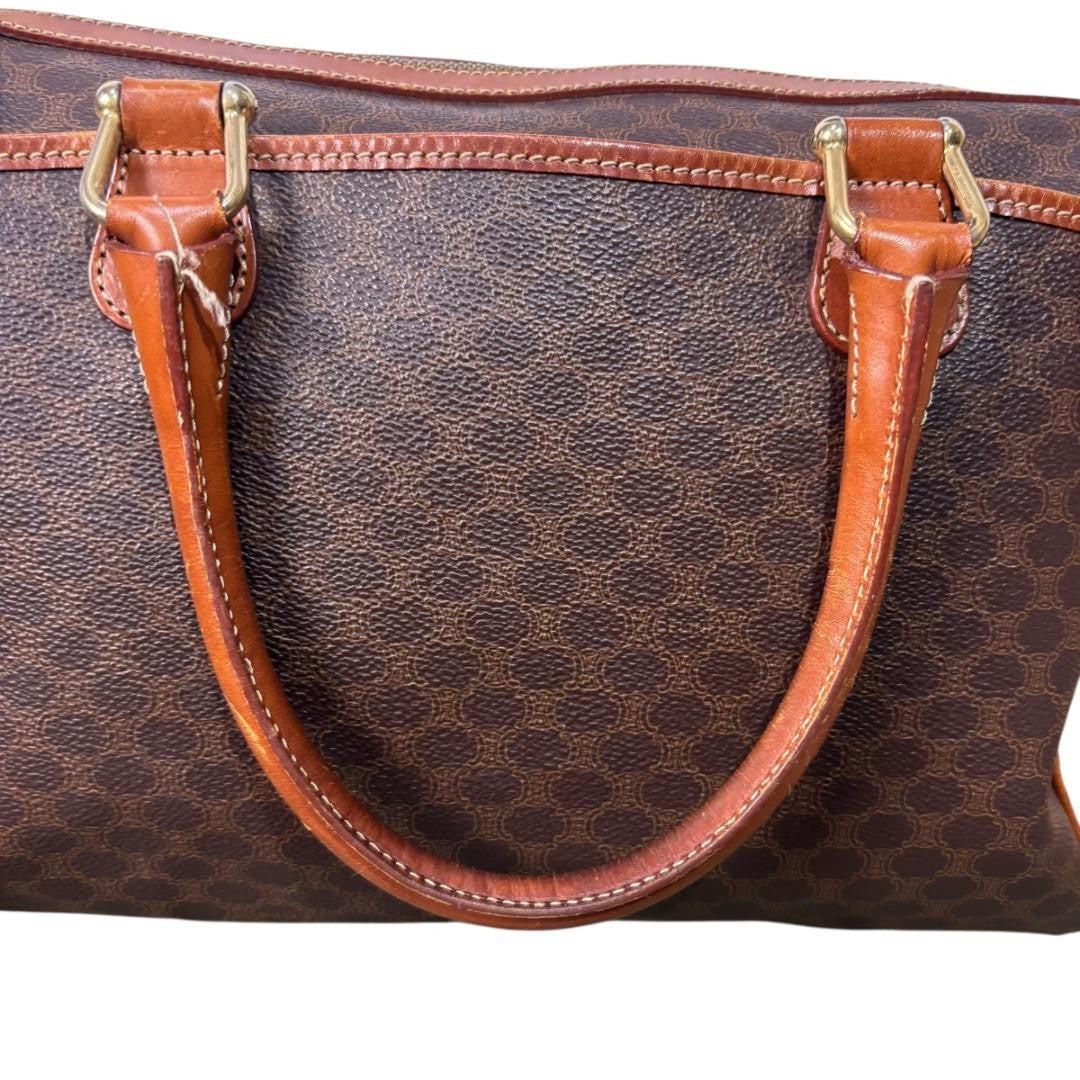 CELINE Boston Hand Bag Tote Purse Macadam Leather Brown Authentic