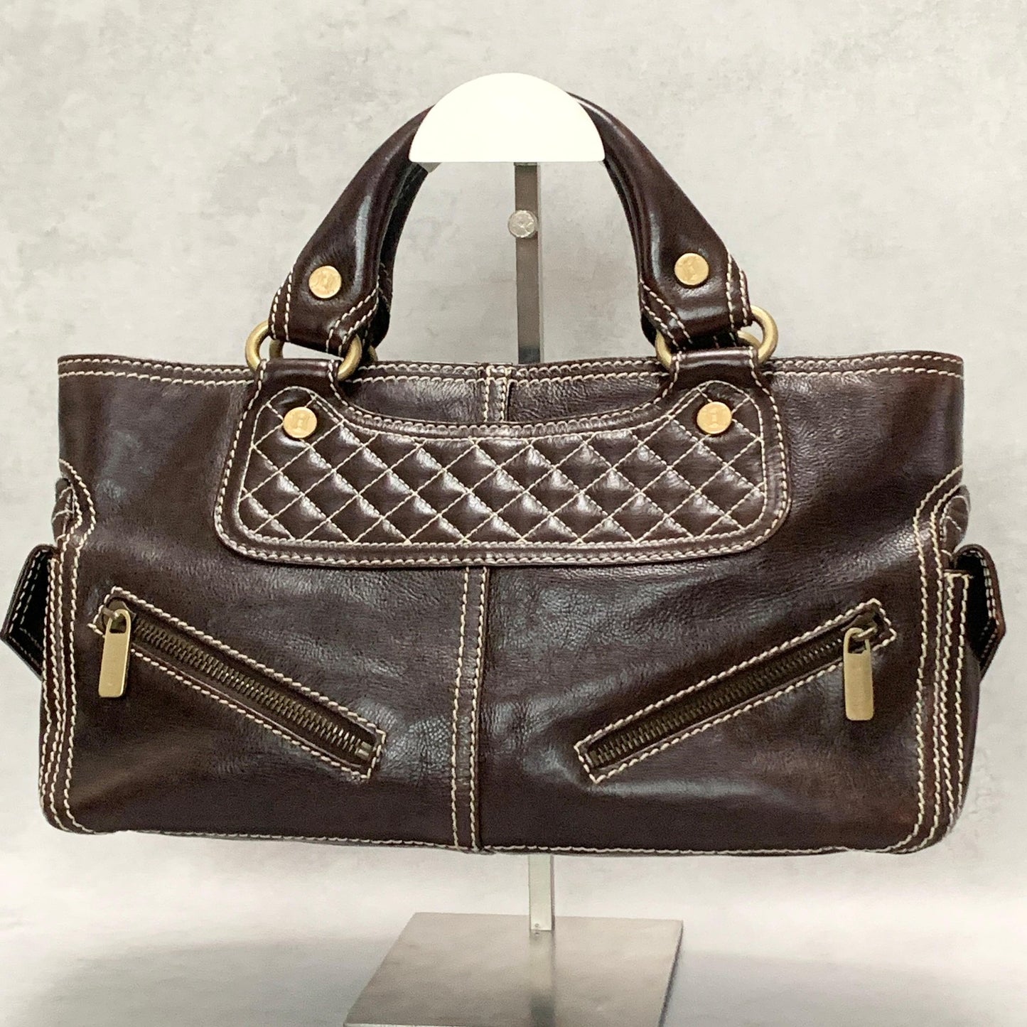 CELINE Boogie Handbag Purse Tote Bag Leather Quilted Brown Gold Used Authentic