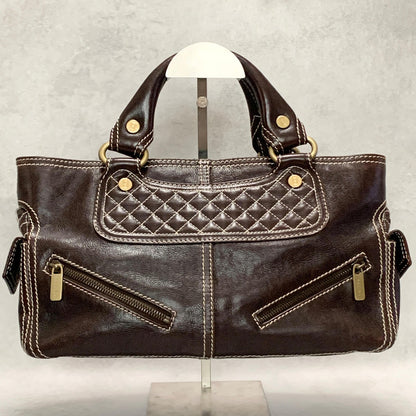 CELINE Boogie Handbag Purse Tote Bag Leather Quilted Brown Gold Used Authentic