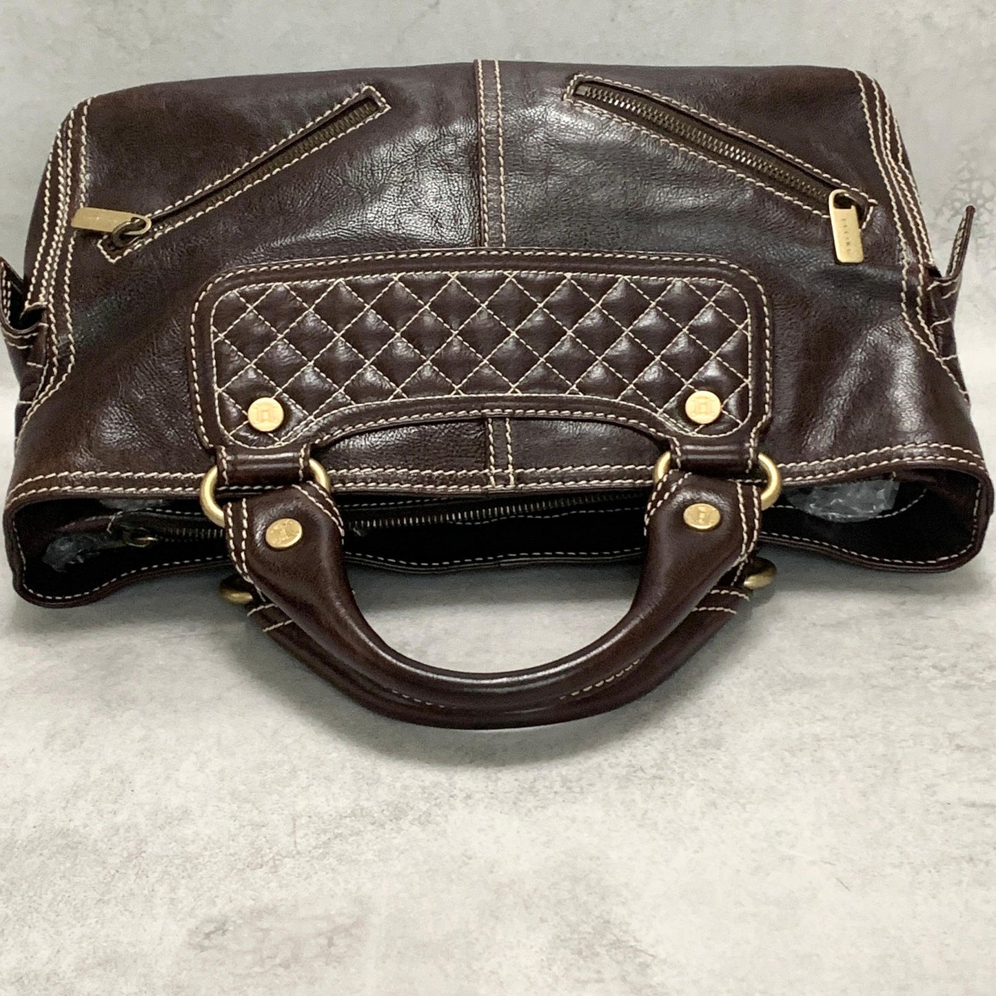CELINE Boogie Handbag Purse Tote Bag Leather Quilted Brown Gold Used Authentic