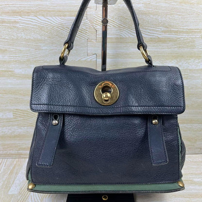 Saint Laurent Hand Bag Tote Purse Muse Toe Leather Navy Authentic