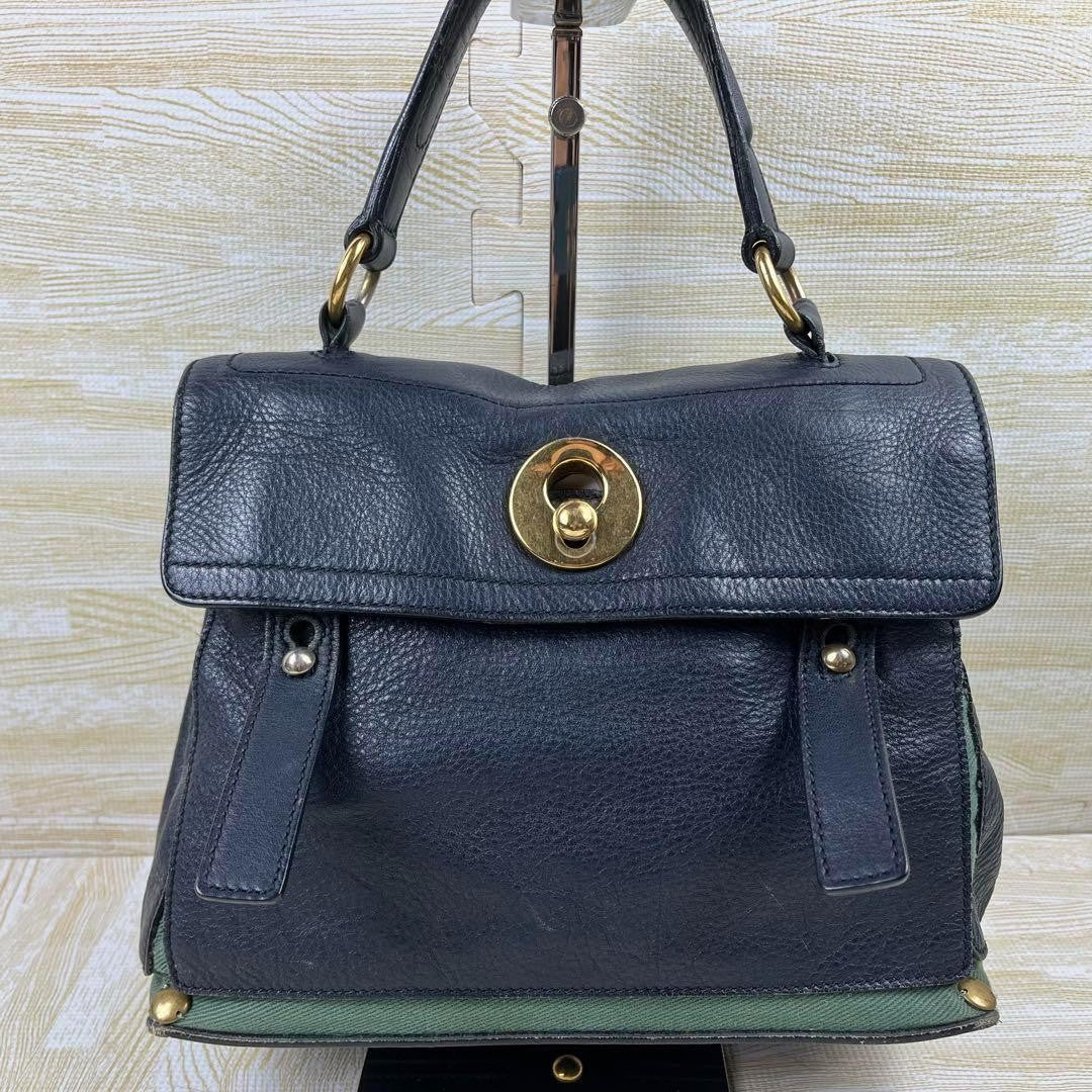 Saint Laurent Hand Bag Tote Purse Muse Toe Leather Navy Authentic