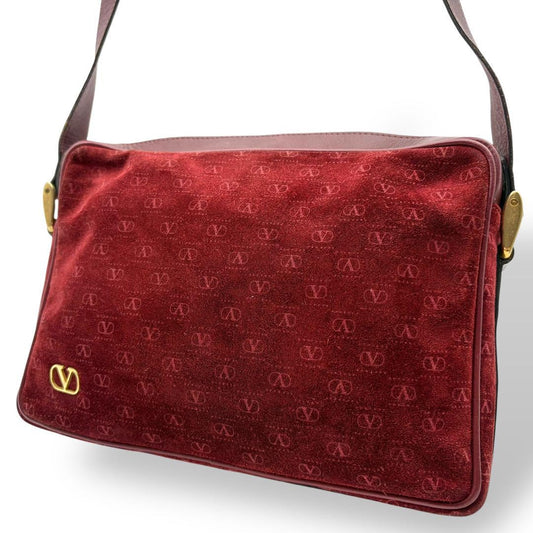 Valentino Shoulder Bag Purse Logo Suede Leather Bordeaux Authentic