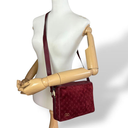 Valentino Shoulder Bag Purse Logo Suede Leather Bordeaux Authentic