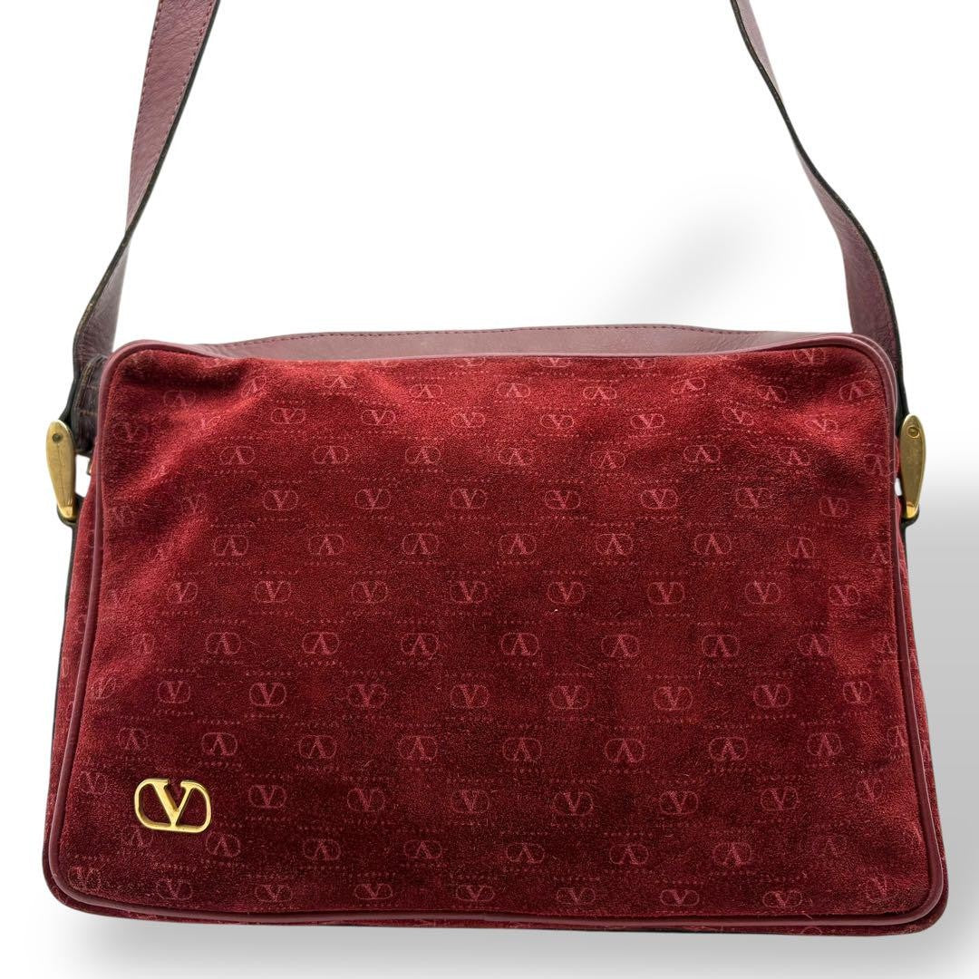 Valentino Shoulder Bag Purse Logo Suede Leather Bordeaux Authentic