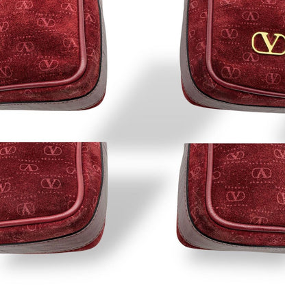 Valentino Shoulder Bag Purse Logo Suede Leather Bordeaux Authentic