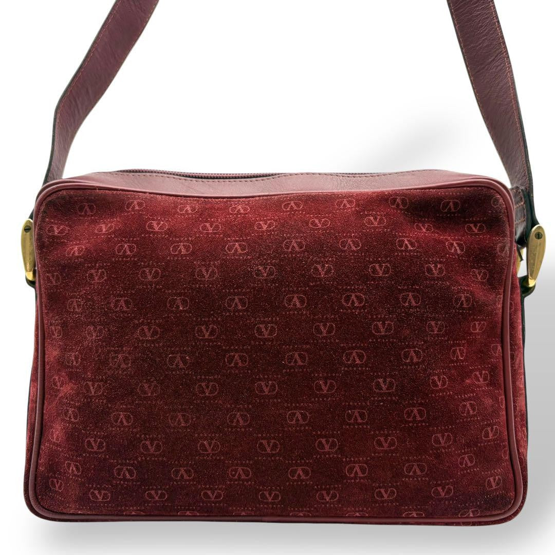 Valentino Shoulder Bag Purse Logo Suede Leather Bordeaux Authentic